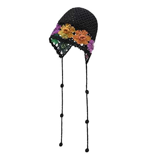 ZLYC Cappello da donna in cotone lavorato all'uncinetto lavorato a mano con ritaglio floreale estivo, Treccia Fiori Nero, Taglia unica
