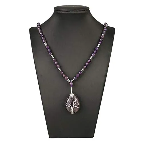 XYBB Stone Natural Purple Crystal Long Collana Collana Acqua Goccia Pendente dell'Albero della Vita Wire Wrap Collane Perline 7 Gioielli Chakra (Metal Color : Amethyst)