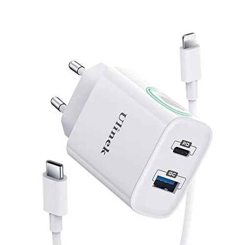 Ulinek 20W Caricatore Rapido iPhone con 2 Porta e 2M Cavo USB C Lightning Fast Charger [MFi Certificato] Caricabatterie Veloce iPhone Alimentatore per iPhone 14/13/12/11/SE 2020/XR/XS Max/8, iPad PRO