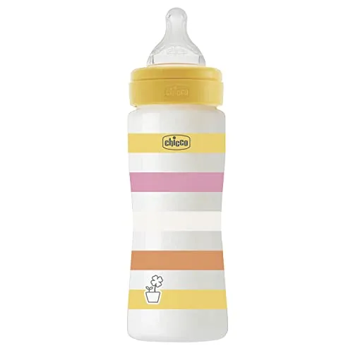 CHICCO Biberon Benessere Flusso Veloce, con Tettarella Physio in Morbido Silicone e Finitura Soft Sense, Anticolica, Riduce Rigurgito e Irritabilità, Bottiglia in Plastica da 330 ml, 4 Mesi+, Bambina