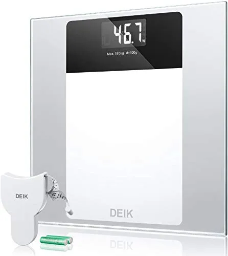 Deik Bilancia Pesapersone Digitale Tecnologia Step-on, Autospegnimento de LCD Display Retroilluminato con Alta Stabilità Vetro Temperato Piattaforma, Batterie AAA e Metro Incluso, 5kg-180kg