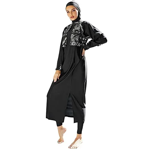 OBEEII Costumi da Bagno Musulmani Modesti Costumi da Bagno A Copertura Totale Burkini Top A Maniche Lunghe E Pantaloni con Hijab 3 Pezzi Costumi da Bagno Modesti Nero01 XL