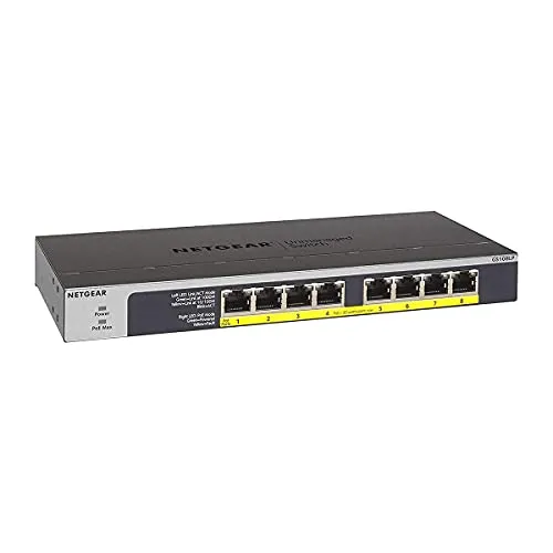 NETGEAR Switch PoE 8 porte Unmanaged GS108LP, switch ethernet gigabit con 8 PoE+ a 60W, budget espandibile, montaggio su desktop, a parete o su rack e assistenza limitata a vita