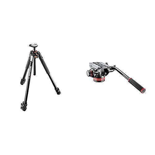 Manfrotto MVH502AH Testa con Base Piatta, Controbilanciamento Fisso per Video con DSLR e Videocamere + Manfrotto MT190XPRO3 Treppiede Foto, Colonna Posizionabile a 90°, 3 Sezioni in Alluminio, Nero/Antra