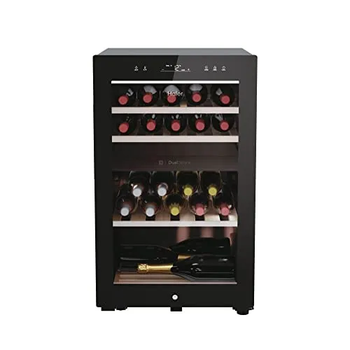 Haier HWS42GDAU1 Series 7 Cantinetta Vino, 42 Bottiglie, Connettività Wi-Fi, Luci a LED e Vetro Anti UV, Ripiani in Legno, 49,7x58,5x82 cm, Nero