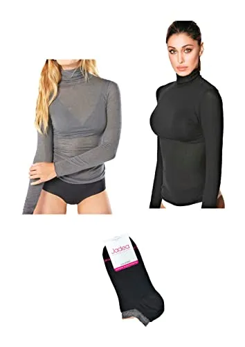 JADEA Maglia CASHMERE OFFERTA 1-2 PEZZI + calze in omaggio Maglia Donna Manica Lunga Collo Alto Maglia Donna Invernale Dolcevita Sottogiacca Donna (M, 2 PEZZI 1 NERO + 1 GRIGIO + 1 CALZA)