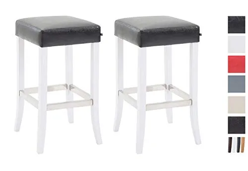 CLP Set 2X Sgabelli Bar VENTA in Legno e Similpelle | Coppia Sgabelli Imbottiti con Poggiapiedi in Alluminio | Sedie Sgabello H79 cm Nero Bianco