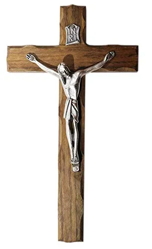 Eurofusioni Croce da Parete in Legno di Noce e Cristo Placcato Argento - Crocefisso h 18 cm