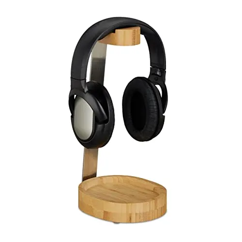 Relaxdays Porta, bambù, Metallo, Headset Headphone Stand, Supporto Cuffie Scrivania, Design Elegante, Legno, Acciaio Inox, Naturale, 29,60 x 12 x 15 cm