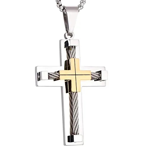 YL Collana a Croce in Acciaio Inossidabile con Pendente per Uomo in Oro 18 carati e Placcato in Oro Bianco Placcato Gesù Cristo, Catena a Fune Intrecciata da 60 cm