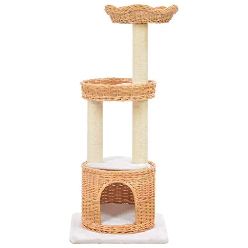 vidaXL Albero per Gatti con Tiragraffi Morbido Torretta da Gioco Casetta Ceste e Cuscini Rimovibili Palestra in Legno di Salice 94 cm Colore Naturale