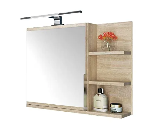 DOMTECH Home Decor - Armadietto da bagno con specchio, ripiani e luce a LED, in autentico rovere Sonoma, R