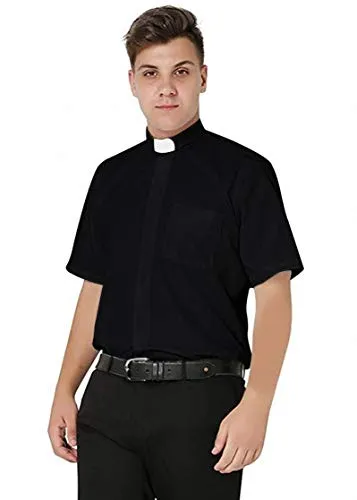 IvyRobes Camicia Prete a Maniche Corte da Uomo Clergyman con Colletto Sacerdote per Unisex Nero