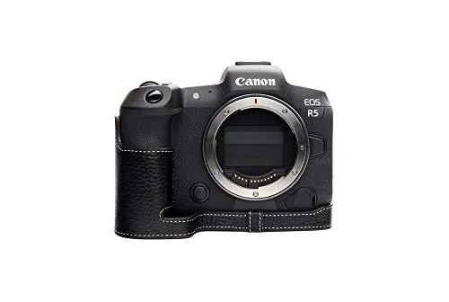 Zakao - Custodia per fotocamera R5 R6, realizzata a mano, in vera pelle, per Canon Eos R5 R6, con apertura inferiore, con cinturino da polso, colore: nero
