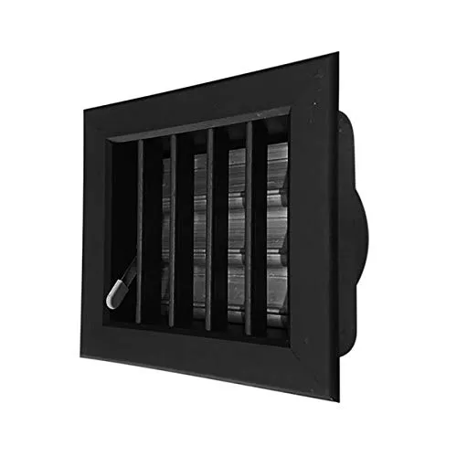 Griglia nero ventilazione incasso 140x130 mm imbocco 100 mm. per camini, completa di serranda e imbocco, colore nero.
