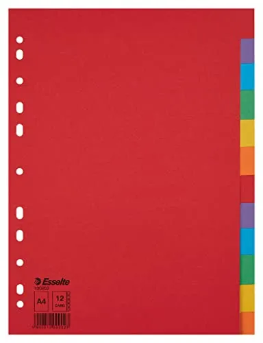 Esselte Divisori per Raccoglitori con 12 Tasti, Formato A4, Rosso/Multicolore, Cartoncino Robusto Riciclato, 100202