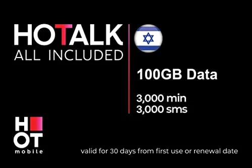 HOT MOBILE - SIM Card Prepagata, Israele, 100 GB, 3000 minuti, 3000 SMS, 4G | LTE, Attivazione Obbligatoria sul Nostro Portale (www marco polo mobile com)