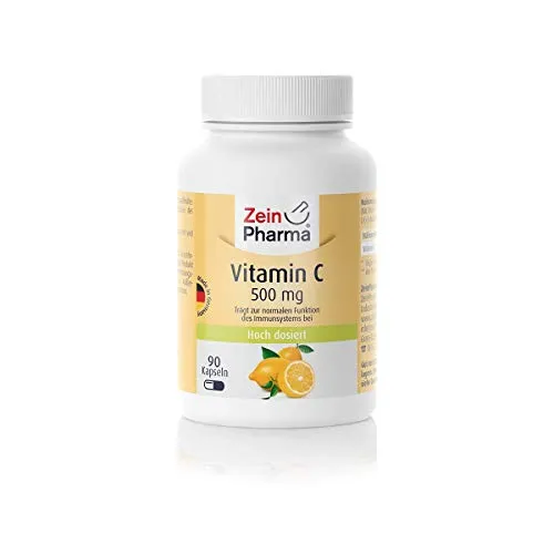 Vitamina C 500mg di ZeinPharma • 90 capsule (fornitura per 3 mesi) • Senza glutine, vegano, kosher e halal • Fatto in Germania