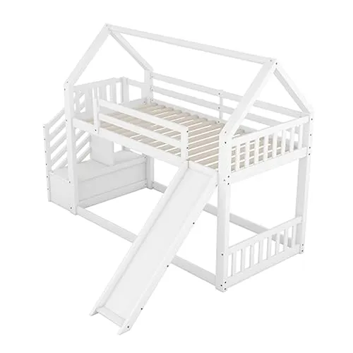 XPSSJMU Letto a castello con scala di stoccaggio e scivolo, letto a castello con ragazzi 90 x 200 cm, bianco per bambini (bianco)