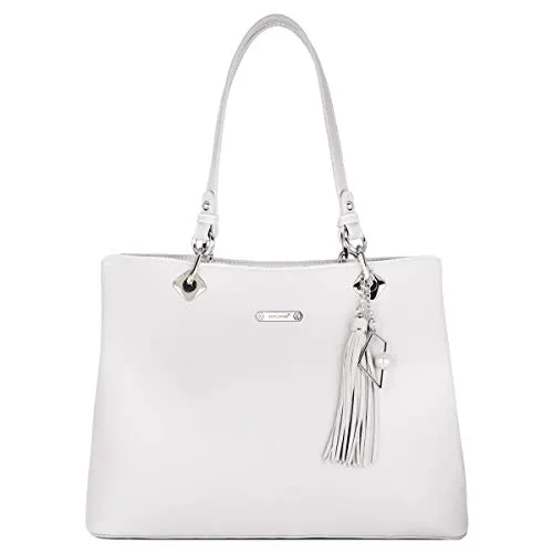 David Jones - Grande Borsa a Spalla Donna PU Pelle Morbida - Borsa Mano Capiente Manico Lungo - Tote Shopper Bag Capacità Media - Molte Scomparti Tasche - Moda Quotidiana Elegante - Bianco