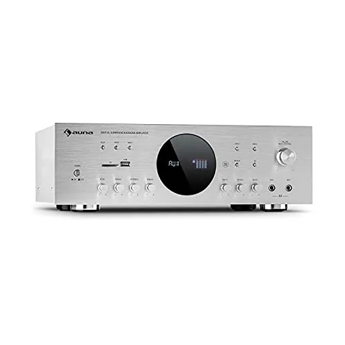 Auna AMP - Amplificatore Stereo HiFi per Karaoke, Radio o Home Cinema, Connessioni USB e SD, Bluetooth, Frequenza: 20 Hz-20.000 Hz, 43 x 14,5 x 30,5 cm (LxAxP), Argento