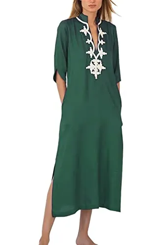 YouKD Caftano estivo ricamato lungo bohémien kimono spiaggia costume da bagno copricostume da bagno maxi vestito per le donne, E verde., Etichettalia unica
