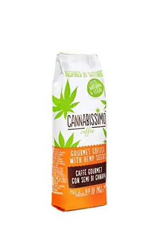 Cannabissimo Coffee, caffè macinato con semi di canapa. Sacchetto da 250 g con valvola salva aroma