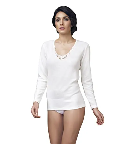 T-SHIRT DONNA NOTTINGHAM M/L CON PIZZO MACRAME ART TL18W LANA COTONE TAGLIE E COLORE A SCELTA (6, BIANCO)