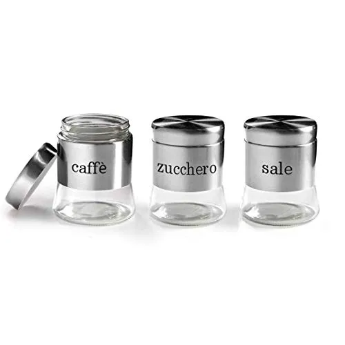 Set 3 barattoli tris barattolini cucina sale-zucchero-caffè in vetro e accciaio inox 11*14 cm 750 ml OYO-772016