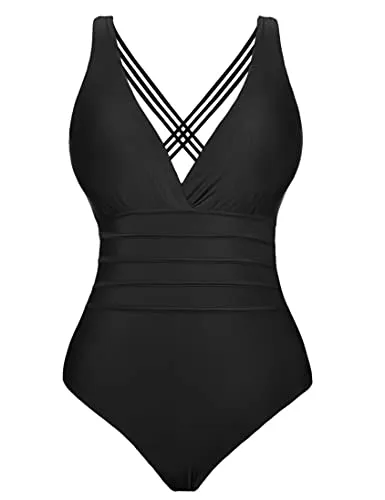 Aottori Costume Intero Donna Scollo a V Costumi da Bagno Interi Un Pezzo Push Up Monokini con Controllo della Pancia Swimwear Mare Sexy Curvy Taglie Forti Nero L