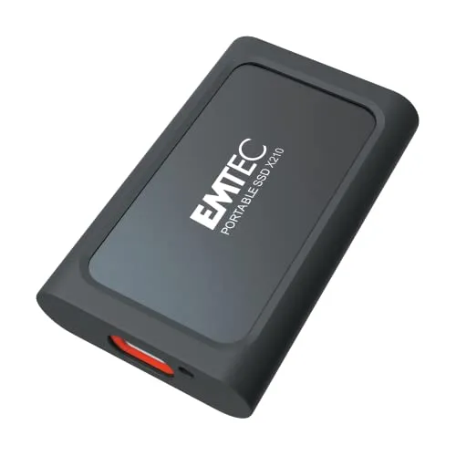Emtec Unità SSD esterna X210 Elite da 1 TB - Retrocompatibile USB 3.2 Gen1 e 2.0 - Tecnologia 3D NAND Flash - Cavo USB-C 3.2 Gen2 a USB-A e custodia protettiva in silicone inclusa, colore: nero