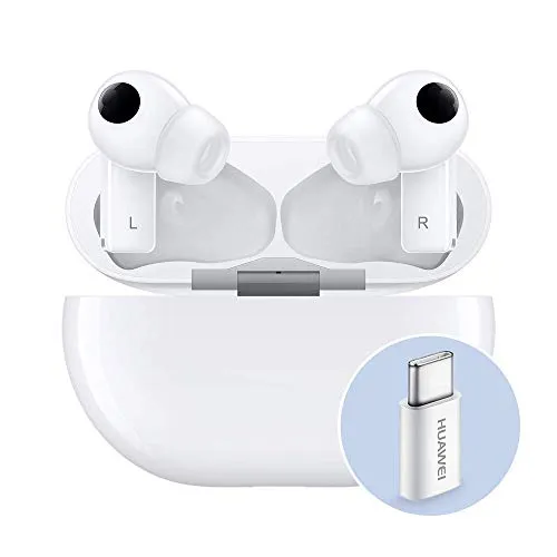 HUAWEI FreeBuds Pro con Adattatore Huawei AP52, Auricolari True Wireless Bluetooth con Cancellazione Intelligente del Rumore, Sistema a 3 Microfoni, Ricarica Wireless Rapida, Bianco (Ceramic White)