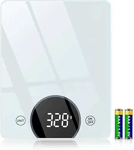 Bilancia da Cucina, Cocoda Bilancia Cucina Digitale da 10kg, con Precisione di 1g/0,05oz e Funzione Tare, Display a LED e Vetro Temperato, 4 Unità Bilance in g e oz per Cucina (2 Batterie Incluse)