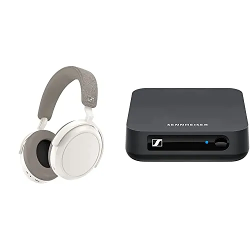 Cuffie Sennheiser MOMENTUM 4 Wireless: Bluetooth per telefonate cristalline,cancellazione adattiva del rumore, bianco & 508258 Trasmettitore audio Bluetooth BT T100 per Hi-Fi o Home Entertainment Nero