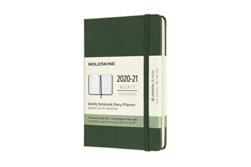 Moleskine - Agenda Settimanale 18 Mesi, Agenda Tascabile 2020/2021, Weekly Notebook con Copertina Rigida e Chiusura ad Elastico, Formato Pocket 9 x 14 cm, Colore Verde Mirto, 208 Pagine