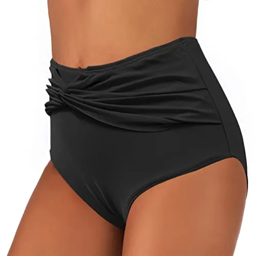 JFAN Slip da Bagno Donna Ruched Slip Bikini Vita Alta Costume Mare Donna Pantaloncini Culotte Controllo Pancia Nero L