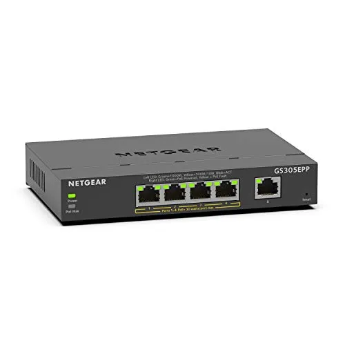 NETGEAR Switch PoE 5 porte Smart Managed Plus GS305EPP, Switch ethernet con 4 x PoE+ a 120 W, montaggio desktop/a parete