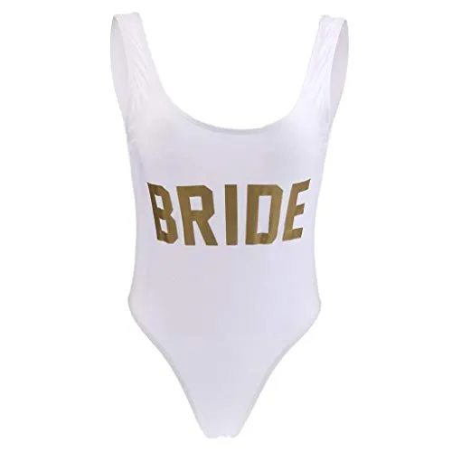 zalati Donna One Piece Costume da Bagno Sposa Lettera Stampa Costume da Bagno Costume da Bagno Taglio Alto Bikini - Bianco, Taglia M, Bride