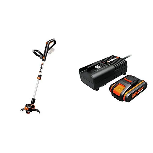 Worx WG163E.9 Decespugliatore Tagliabordi a Batteria & WA3601 Kit 1 Carica Batteria Rapido + 1 Batteria Power Share 20V/2.0Ah agli Ioni di Litio