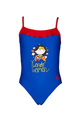 ARENA WB Wonder Woman Rouche Kids One Piece Swimsuit Costume da Bagno, Blu Neon-Rosso, 22 Bambina