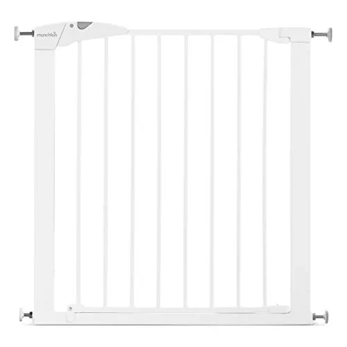 Munchkin Maxi-Secure Cancelletto di sicurezza con fissaggio a pressione, Per aperture tra 76 - 82 cm, Massimo 117 cm con estensioni non incluse, Bianco