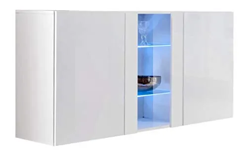 Credenza sospesa Moderna Design Salve Bianco - Larghezza: 120cm x Altezza: 70cm x profondità: 40 cm, 3 Ante Lucide con luci LED Incluse lettiemobili Madia