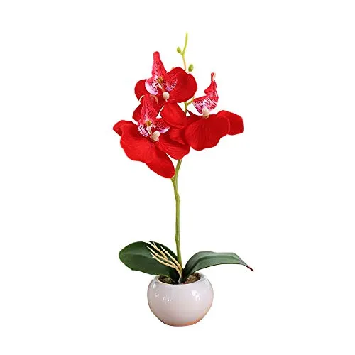 perlo33ER Ornamenti di Bonsai di Fiori Artificiali, 1Pc Decorazioni per La Festa Nuziale del Giardino di Fiori di Orchidea di Fiori Artificiali in Vaso Rosso
