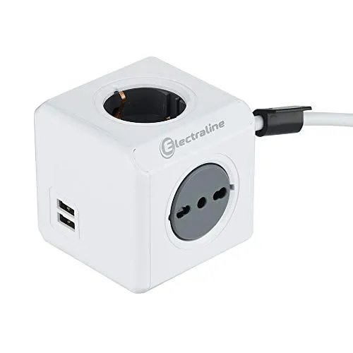 Electraline 62045 Multipresa Cubo Powercube 4 Posti con 2 USB 2.1A, 2 Schuko + Spina Italiana, 2 Bivalenti 10/16 Italiane, Colore Bianco, Cavo 1.5M