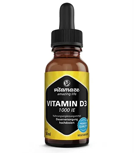 Vitamaze® Vitamina D3 Gocce 1000 UI, 50 ml (1750 Gocce) Alto Dosaggio, Colecalciferolo vegetariano, Alta Biodisponibilità, Qualità Tedesca, Naturale Pura Integratore senza Additivi non Necessari…