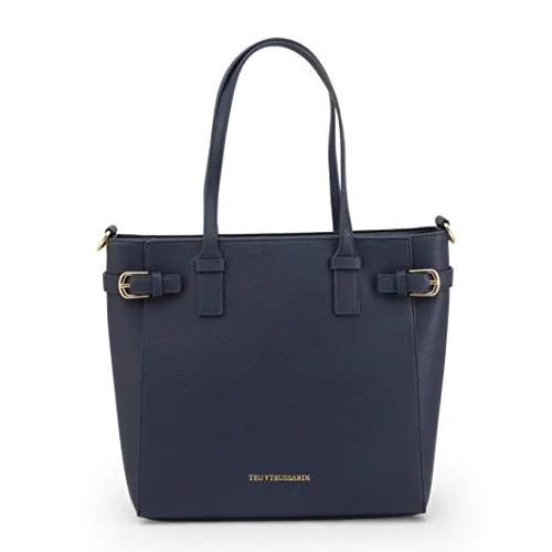 Trussardi Borsa shopping blu, tracolla, in vera pelle bottalata, cerniera, tasche donna