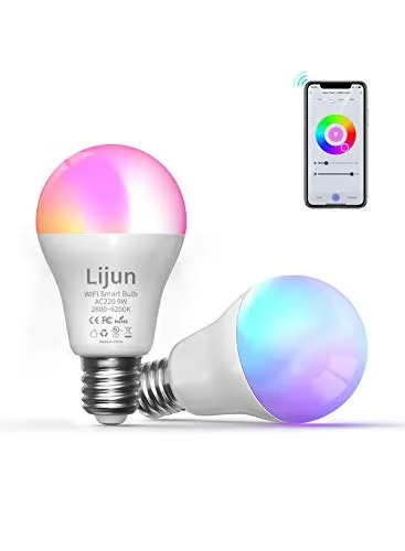 Lijun Lampadina WiFi Smart LED Lampadina Intelligente E27, 9W 800LM Compatibile con Alexa, Google Assistant, IFTTT RGBCW Multicolore Dimmerabile 2800-6200K (2 pcs)