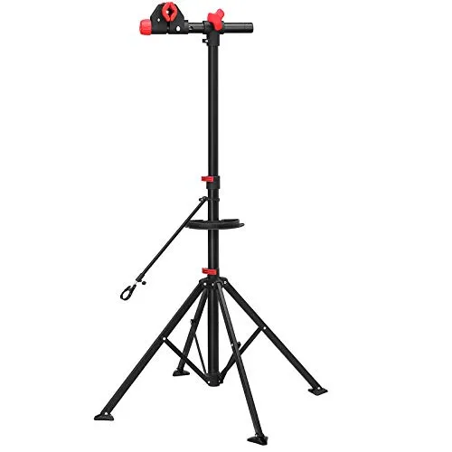 SONGMICS Cavalletto per Riparazione Bici con Ripiano per Attrezzi, Portabici Professionale Telescopico per Manutenzione a Sgancio Rapido, Leggero e Portatile, Rosso e Nero SBR02B