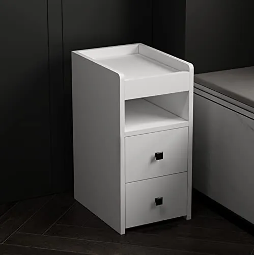 Comodino Bianco Con 2 Cassetti E Ripiano Portaoggetti a Giorno, Comodino Ultrasottile Di Piccole Dimensioni Moderno Comodino