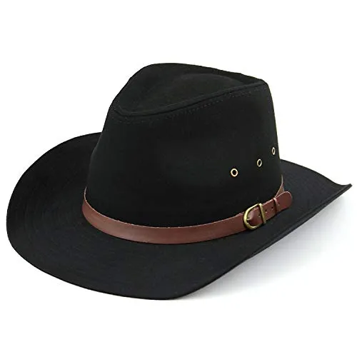 Hawkins largo con falda stetson cappello con fori ventilazione nero o beige - cotone, Nero, \n100% cotone\n50p 100% cotone, Unisex, 57cm